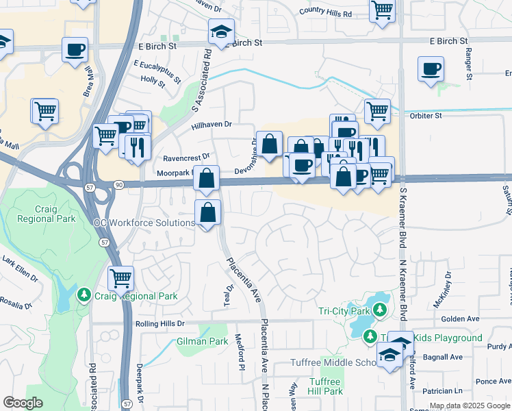 map of restaurants, bars, coffee shops, grocery stores, and more near 396 Legacy Drive in Brea