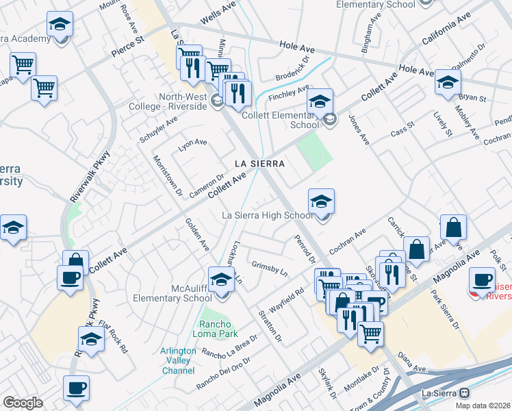 map of restaurants, bars, coffee shops, grocery stores, and more near 11131 Davenport Place in Riverside