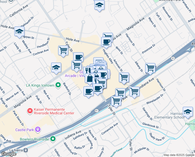 map of restaurants, bars, coffee shops, grocery stores, and more near 3600 Tyler Street in Riverside
