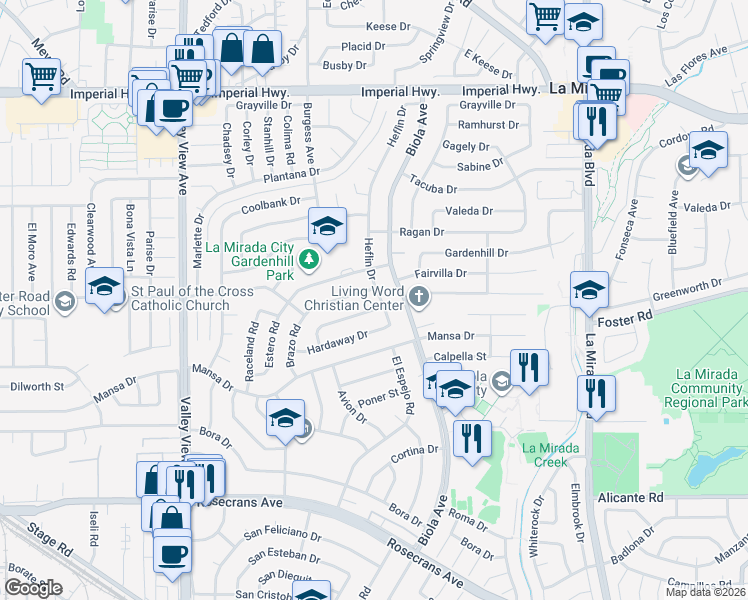 map of restaurants, bars, coffee shops, grocery stores, and more near 13439 Heflin Drive in La Mirada