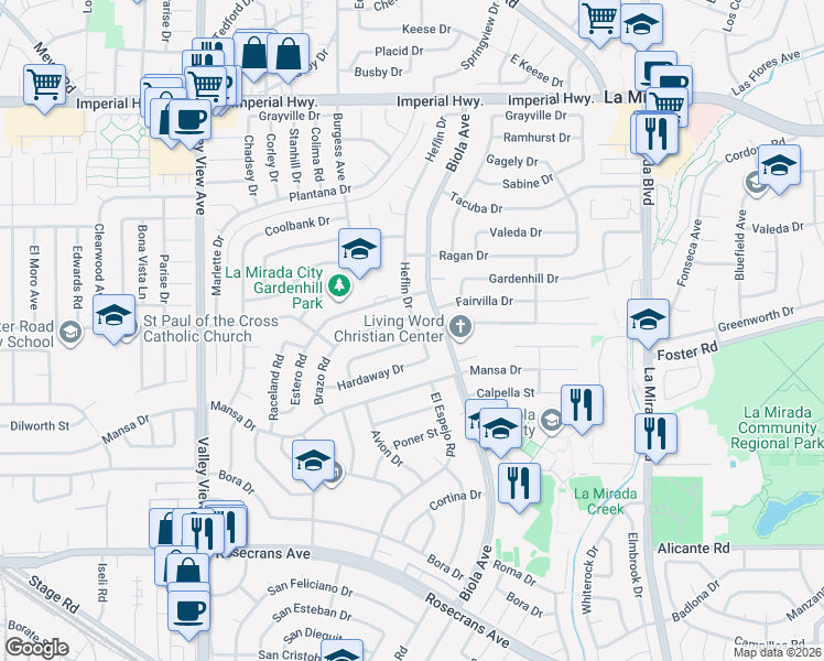 map of restaurants, bars, coffee shops, grocery stores, and more near 13439 Heflin Drive in La Mirada