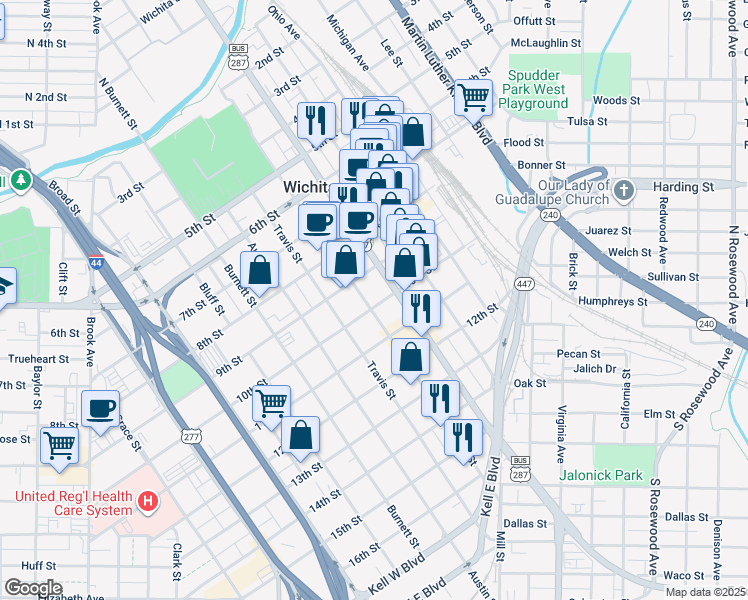 map of restaurants, bars, coffee shops, grocery stores, and more near 925 Lamar Street in Wichita Falls