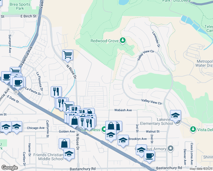 map of restaurants, bars, coffee shops, grocery stores, and more near 16991 Lake Terrace Way in Yorba Linda