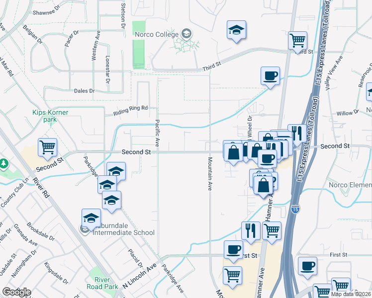 map of restaurants, bars, coffee shops, grocery stores, and more near 2571 2nd Street in Norco