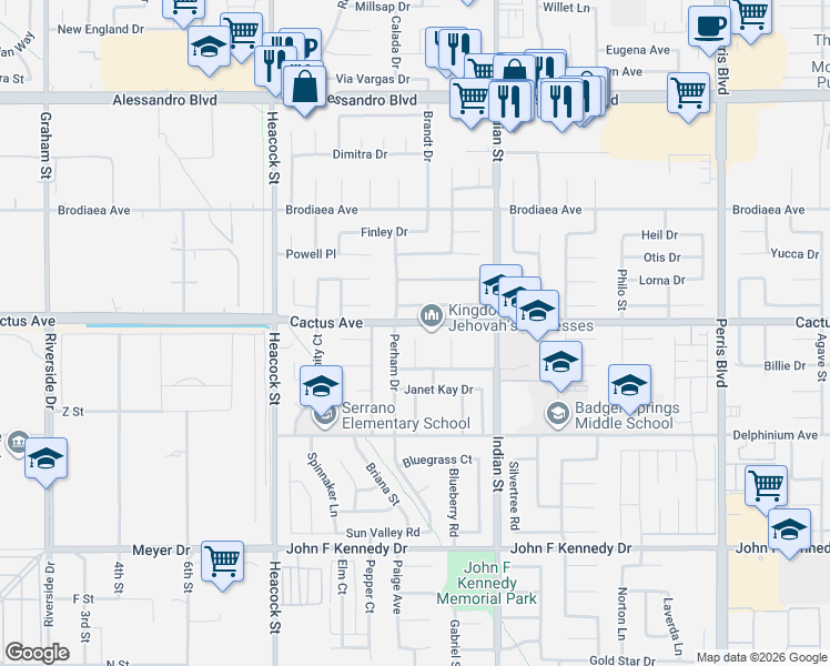 map of restaurants, bars, coffee shops, grocery stores, and more near 14594 Perham Drive in Moreno Valley