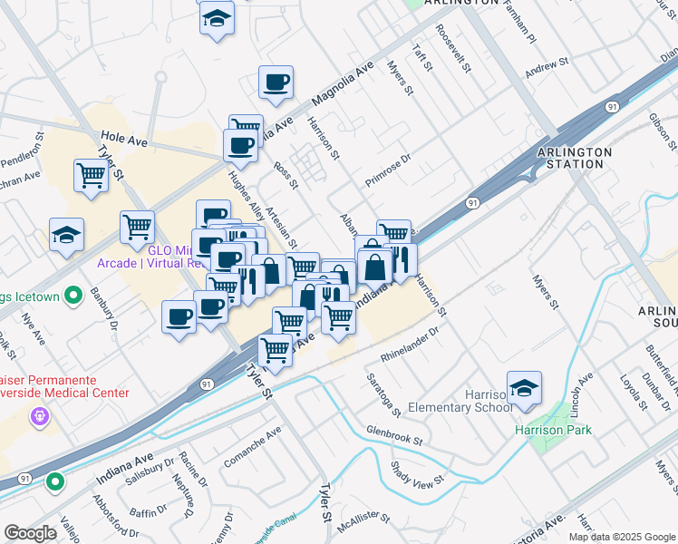 map of restaurants, bars, coffee shops, grocery stores, and more near 10075 Diana Avenue in Riverside
