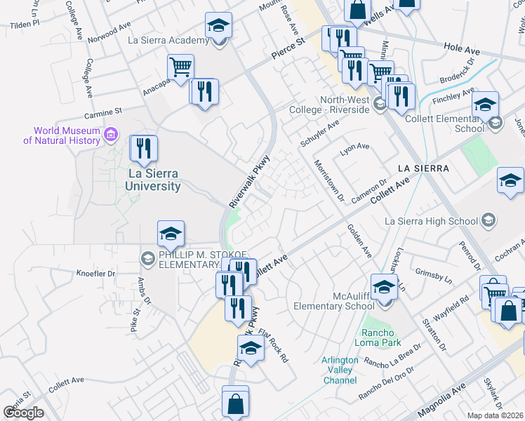 map of restaurants, bars, coffee shops, grocery stores, and more near 11533 Bridgecourt Drive in Riverside