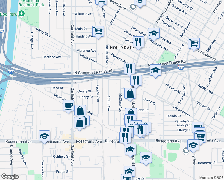 map of restaurants, bars, coffee shops, grocery stores, and more near 7836 Pearle Street in Paramount