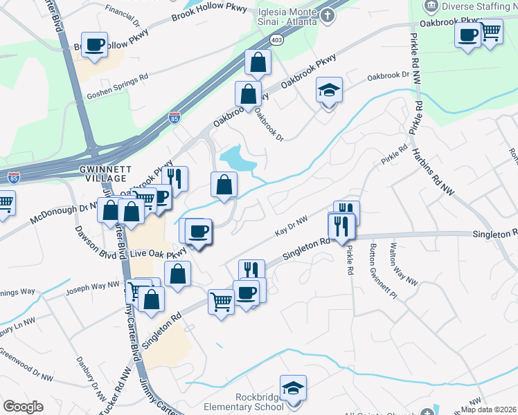 map of restaurants, bars, coffee shops, grocery stores, and more near 5992 Brookside Oak Circle in Norcross