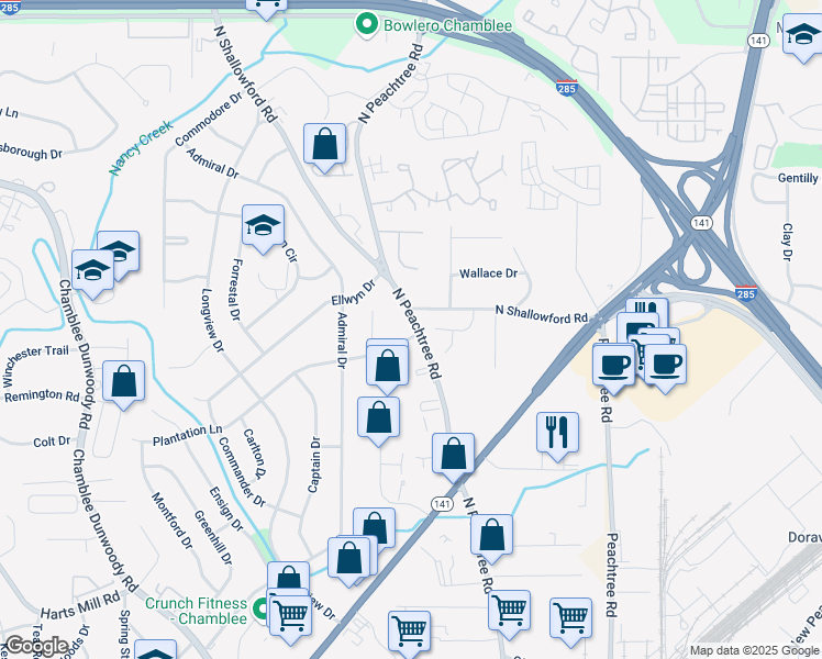 map of restaurants, bars, coffee shops, grocery stores, and more near 2216 Plantation Lane in Atlanta