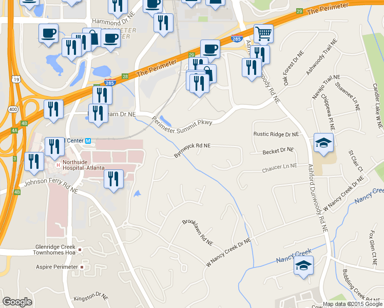 map of restaurants, bars, coffee shops, grocery stores, and more near 3964 Preston Court Northeast in Atlanta