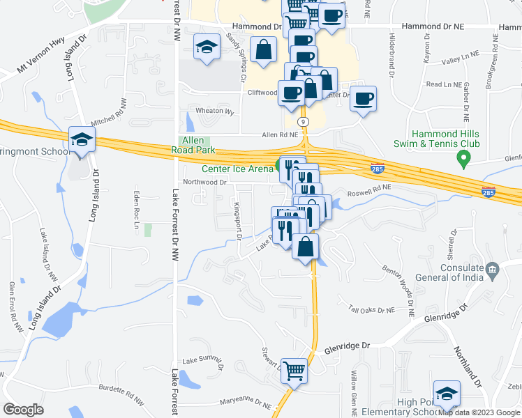 map of restaurants, bars, coffee shops, grocery stores, and more near 145 Northwood Drive in Sandy Springs