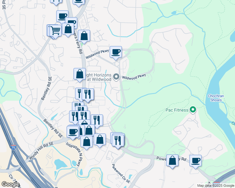 map of restaurants, bars, coffee shops, grocery stores, and more near 3150 Woodwalk Drive in Atlanta