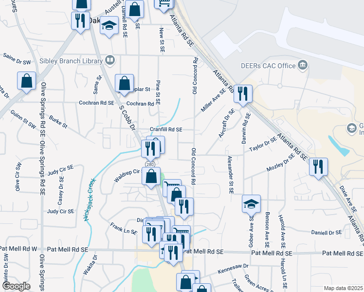 map of restaurants, bars, coffee shops, grocery stores, and more near 428 Tibbetts Street Southeast in Marietta