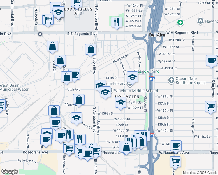 map of restaurants, bars, coffee shops, grocery stores, and more near 5504 West 135th Street in Hawthorne