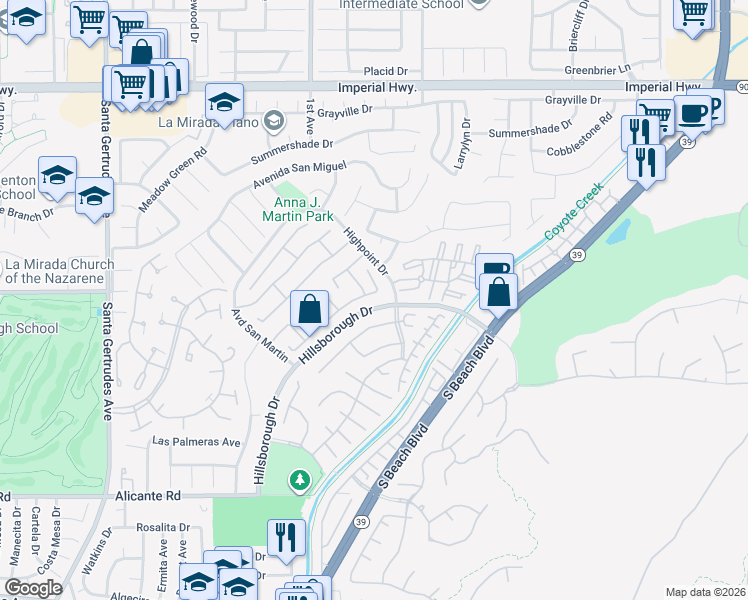 map of restaurants, bars, coffee shops, grocery stores, and more near 16208 Peppertree Lane in La Mirada
