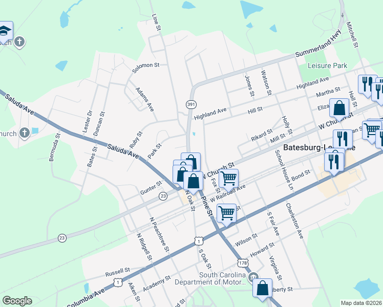 map of restaurants, bars, coffee shops, grocery stores, and more near 216 Line Street in Batesburg-Leesville