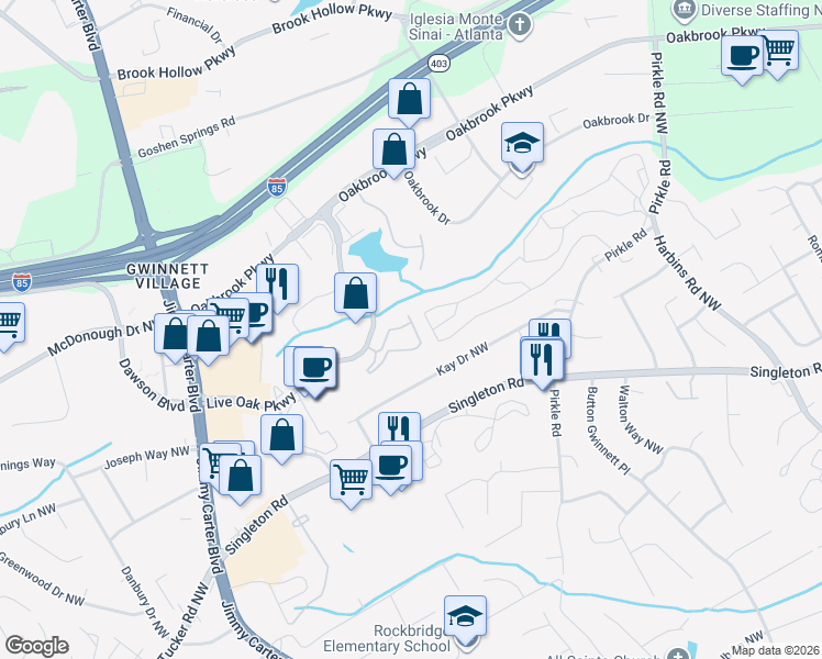 map of restaurants, bars, coffee shops, grocery stores, and more near 5992 Brookside Oak Circle in Norcross