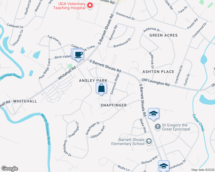 map of restaurants, bars, coffee shops, grocery stores, and more near 141 Warren Way in Athens