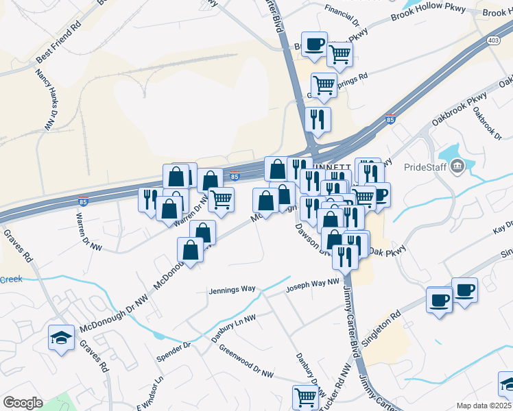 map of restaurants, bars, coffee shops, grocery stores, and more near 6235 McDonough Drive Northwest in Norcross