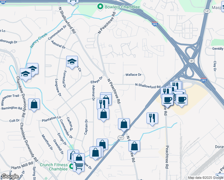 map of restaurants, bars, coffee shops, grocery stores, and more near 2216 Plantation Lane in Atlanta