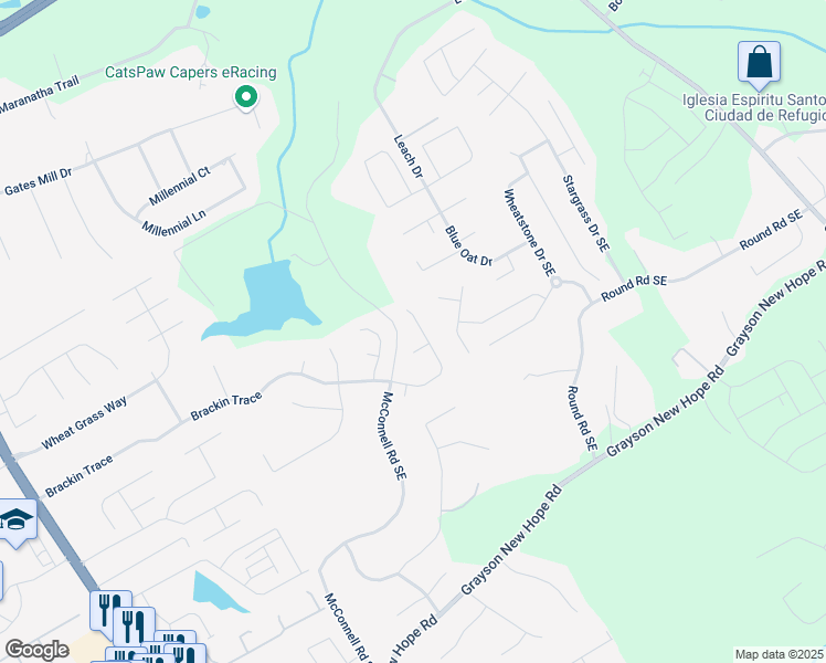 map of restaurants, bars, coffee shops, grocery stores, and more near 201 Brackin Trace in Grayson