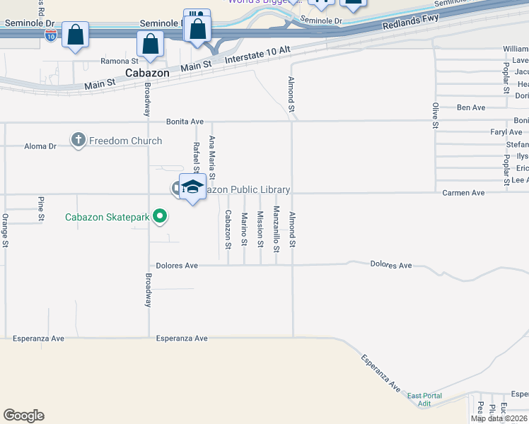 map of restaurants, bars, coffee shops, grocery stores, and more near 14558 Mission Street in Cabazon