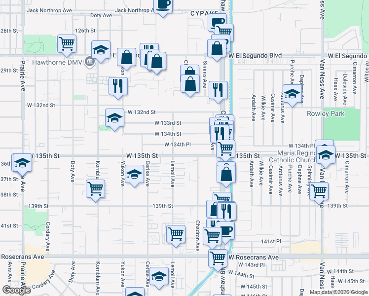 map of restaurants, bars, coffee shops, grocery stores, and more near 3230 West 134th Place in Hawthorne