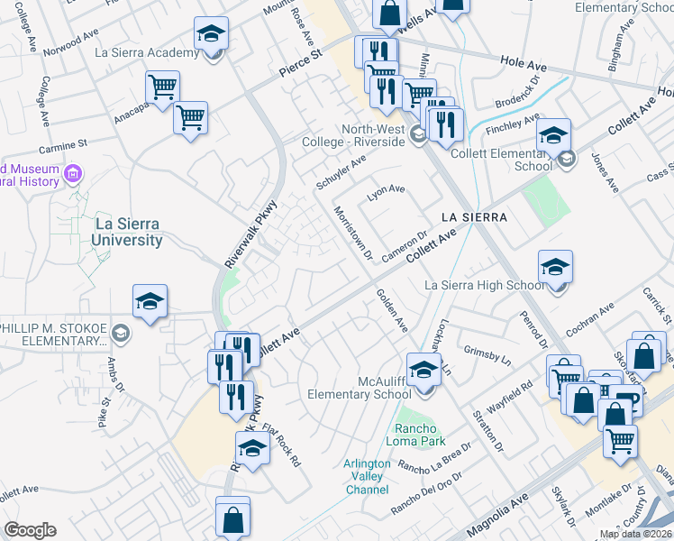 map of restaurants, bars, coffee shops, grocery stores, and more near 4338 Bayhill Lane in Riverside