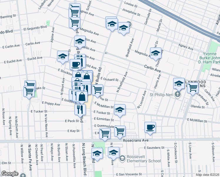 map of restaurants, bars, coffee shops, grocery stores, and more near 1612 East Stockton Street in Compton