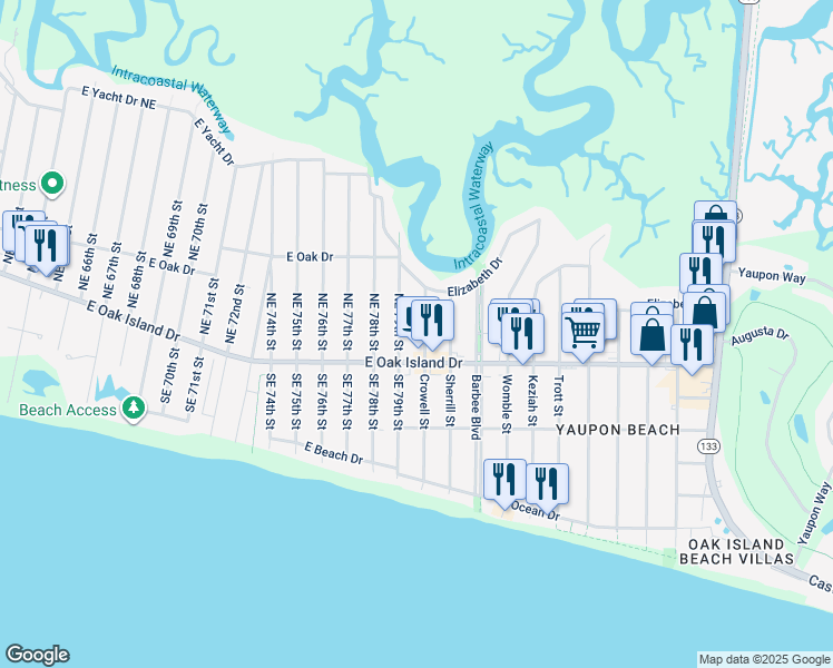 map of restaurants, bars, coffee shops, grocery stores, and more near 409 Crowell Street in Oak Island