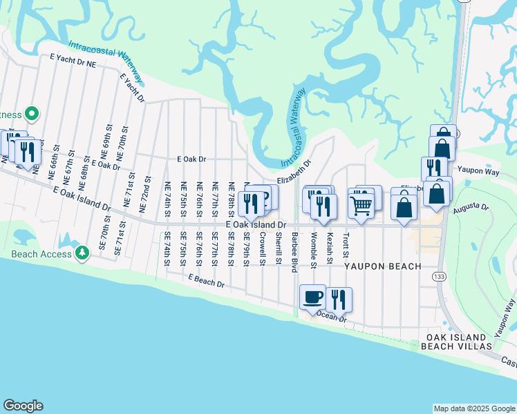map of restaurants, bars, coffee shops, grocery stores, and more near 409 Crowell Street in Oak Island