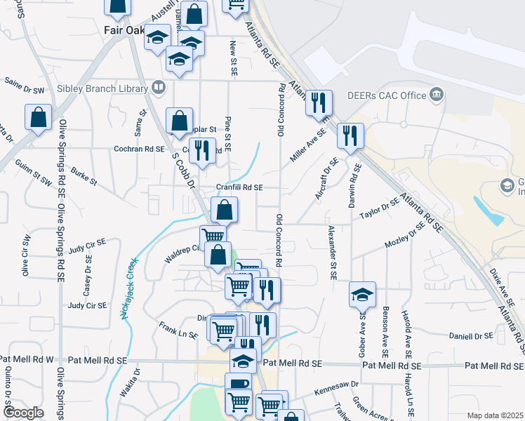 map of restaurants, bars, coffee shops, grocery stores, and more near 428 Tibbetts Street Southeast in Marietta