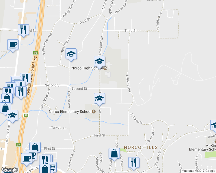 map of restaurants, bars, coffee shops, grocery stores, and more near 1049 2nd Street in Norco