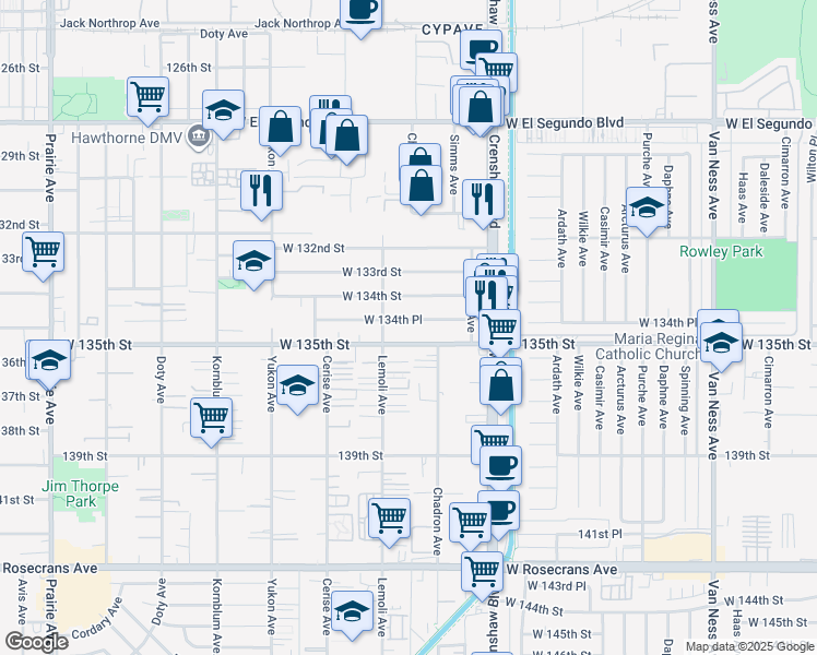 map of restaurants, bars, coffee shops, grocery stores, and more near 3230 West 134th Place in Hawthorne