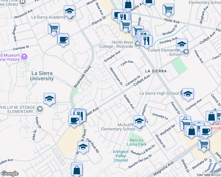 map of restaurants, bars, coffee shops, grocery stores, and more near 4338 Bayhill Lane in Riverside
