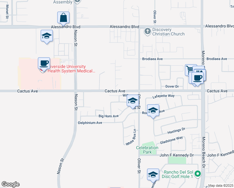 map of restaurants, bars, coffee shops, grocery stores, and more near 27340 Willow Leaf Road in Moreno Valley