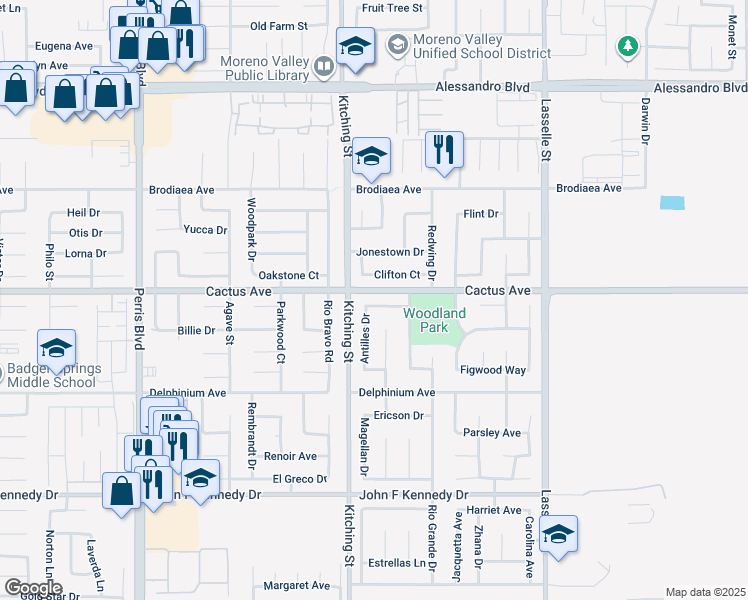 map of restaurants, bars, coffee shops, grocery stores, and more near 25570 Argonaut Drive in Moreno Valley