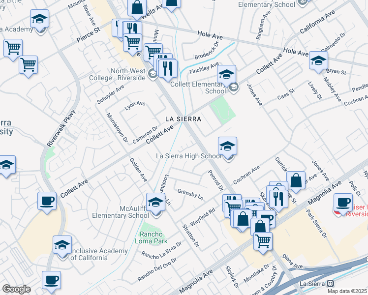 map of restaurants, bars, coffee shops, grocery stores, and more near 4350 La Sierra Avenue in Riverside