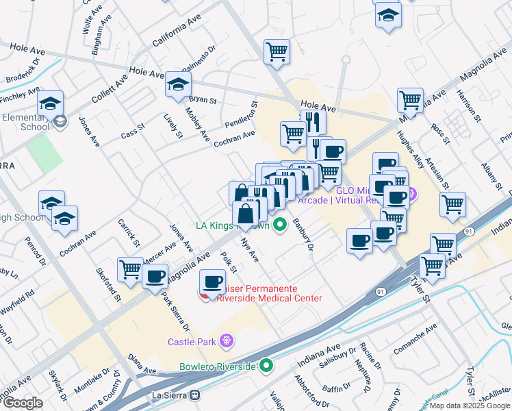 map of restaurants, bars, coffee shops, grocery stores, and more near 10513 Magnolia Avenue in Riverside