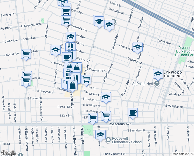 map of restaurants, bars, coffee shops, grocery stores, and more near 1612 East Stockton Street in Compton