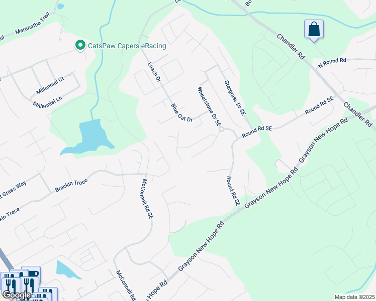 map of restaurants, bars, coffee shops, grocery stores, and more near 21 Whitegrass Way in Grayson