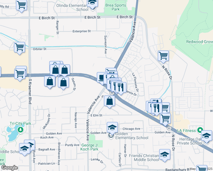 map of restaurants, bars, coffee shops, grocery stores, and more near in Brea