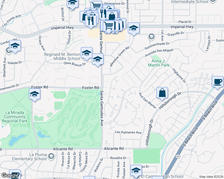 map of restaurants, bars, coffee shops, grocery stores, and more near 13644 La Jolla Circle in La Mirada