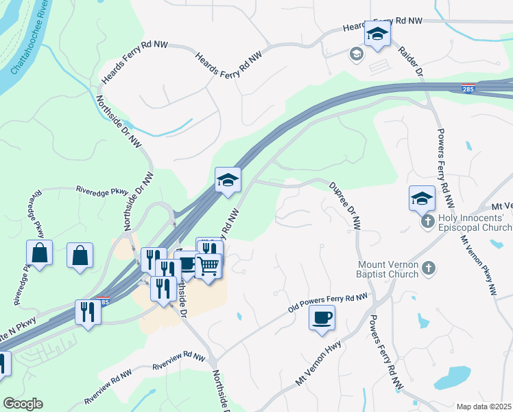 map of restaurants, bars, coffee shops, grocery stores, and more near 6120 Powers Ferry Road Northwest in Atlanta
