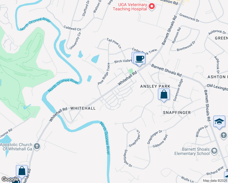 map of restaurants, bars, coffee shops, grocery stores, and more near 282 Whitehall Road in Athens