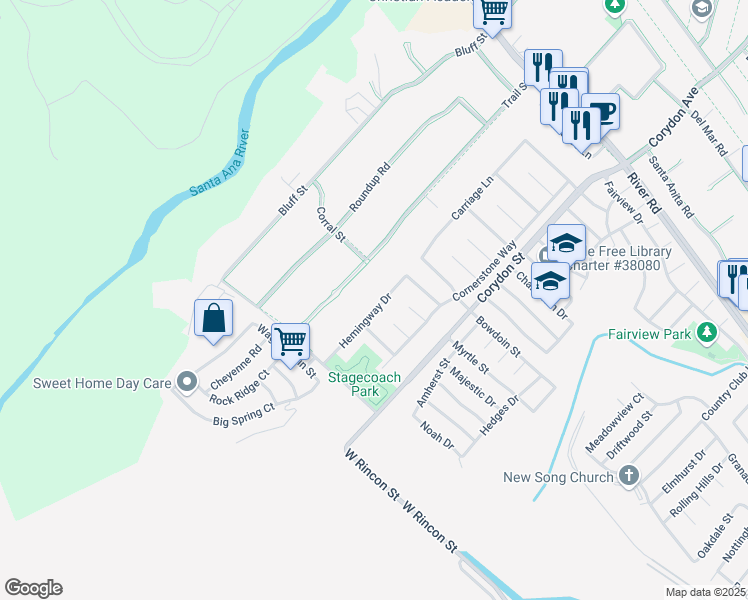 map of restaurants, bars, coffee shops, grocery stores, and more near 960 Hemingway Drive in Corona