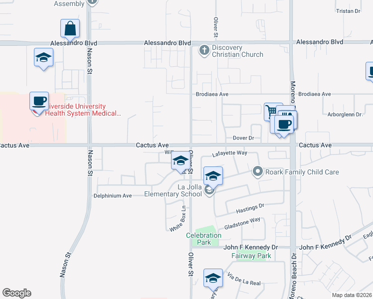 map of restaurants, bars, coffee shops, grocery stores, and more near 27480 Aromatic Court in Moreno Valley
