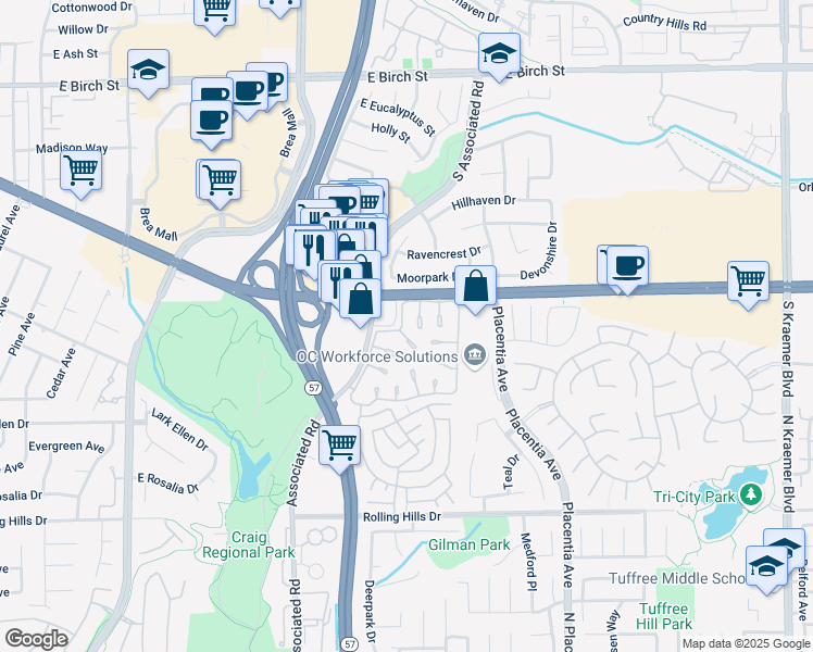map of restaurants, bars, coffee shops, grocery stores, and more near 2941 Gingerwood Circle in Fullerton