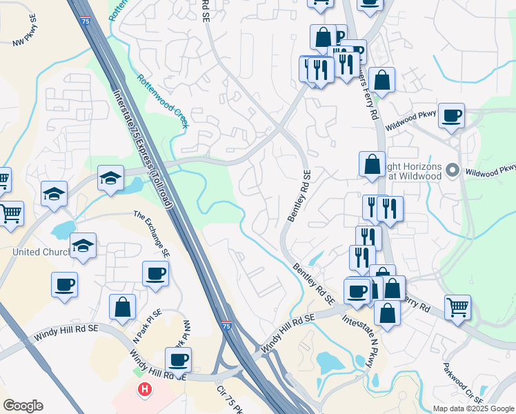 map of restaurants, bars, coffee shops, grocery stores, and more near 121 Woodchase Lane Southeast in Marietta
